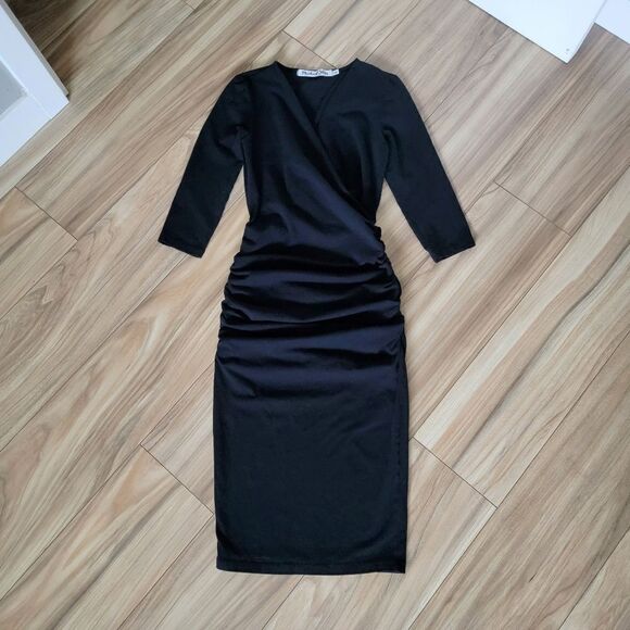 Michael Stars Surplice Ruched 3/4 Sleeve Tee Midi Dress in Black - Picture 1 of 12